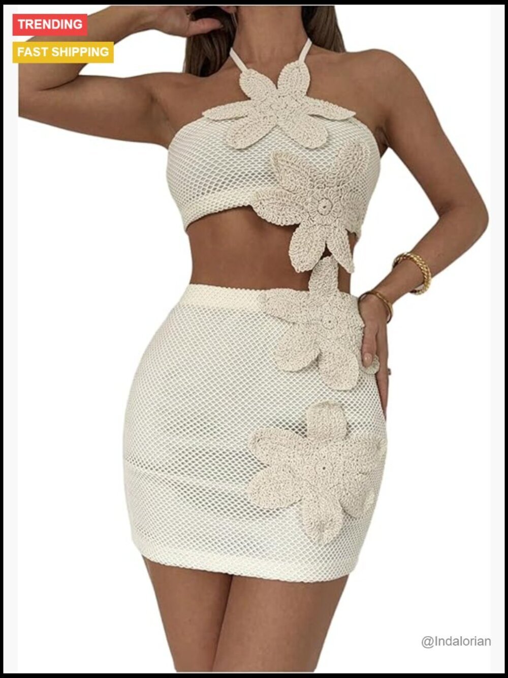 Crochet 2 Piece Halter Crop Top and Mini Skirt Set